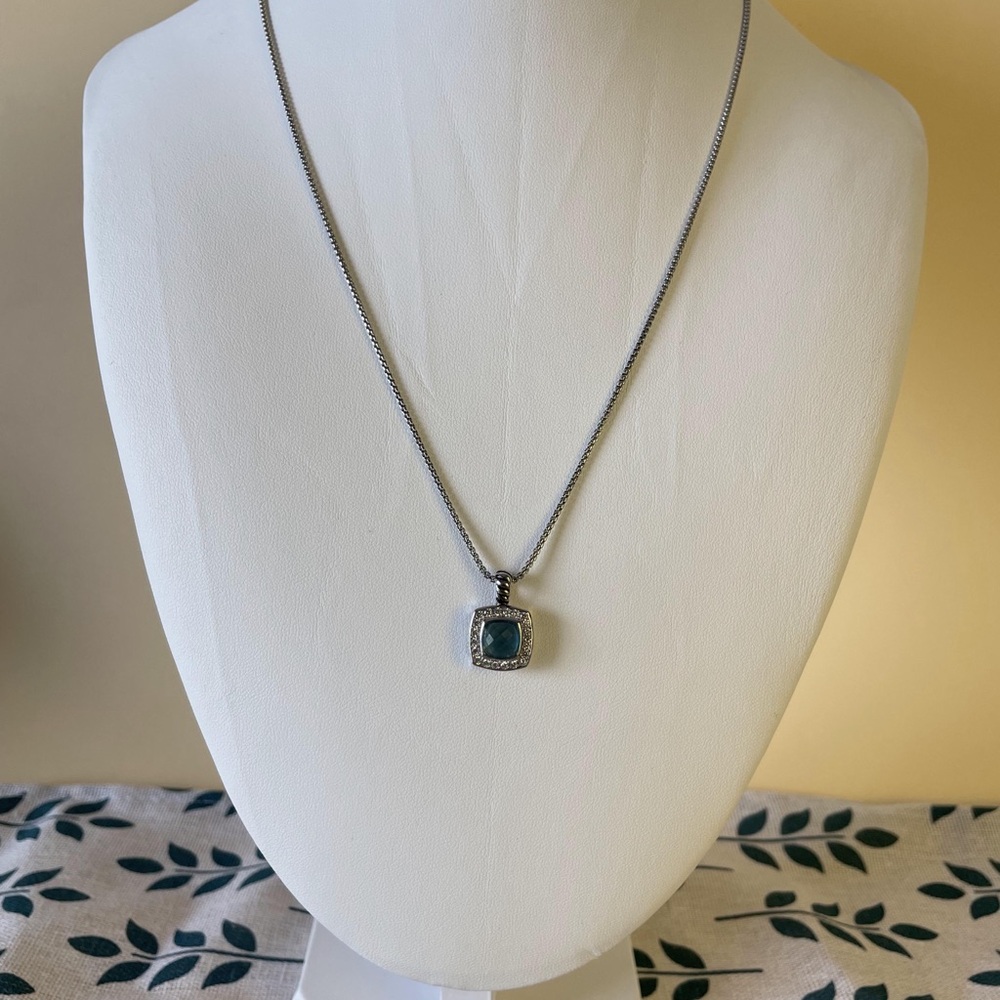 Petite Pendant Necklace in Sterling Silver with Blue Topaz and Pavé Diamonds
